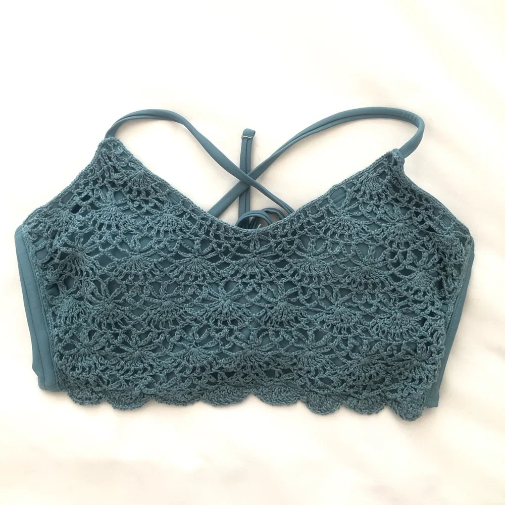 Exhilaration Swim Lace Crochet Bralette Teal Blue Medium